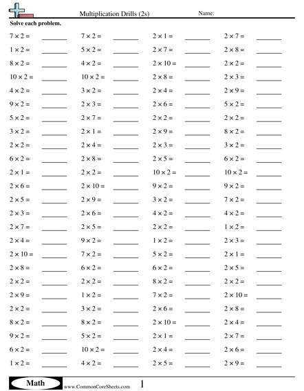 Multiplication Worksheets - 2s (horizontal) worksheet